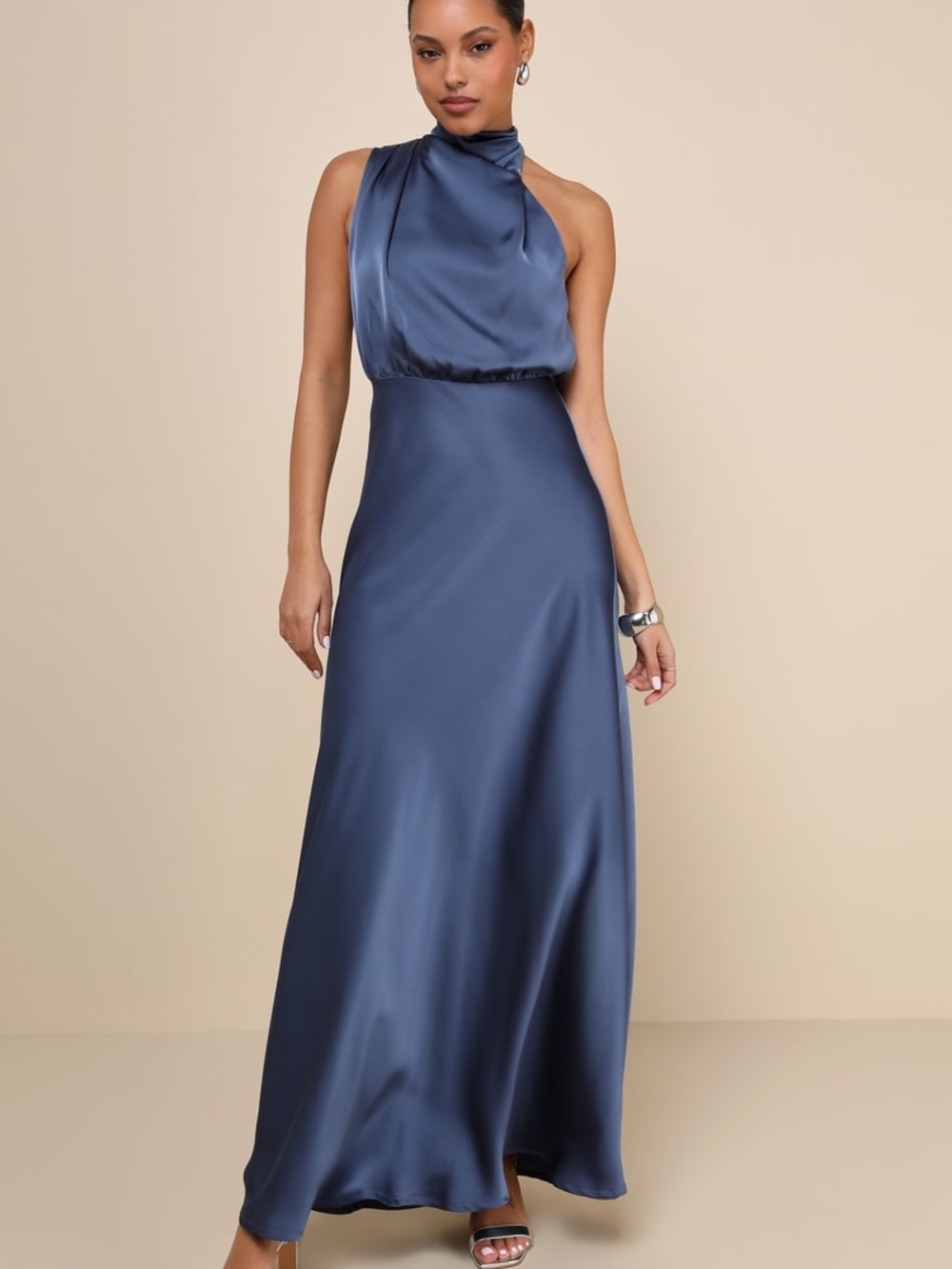 NWT Lulu's Slate Blue Satin Asymmetrical Maxi Dress Size Small